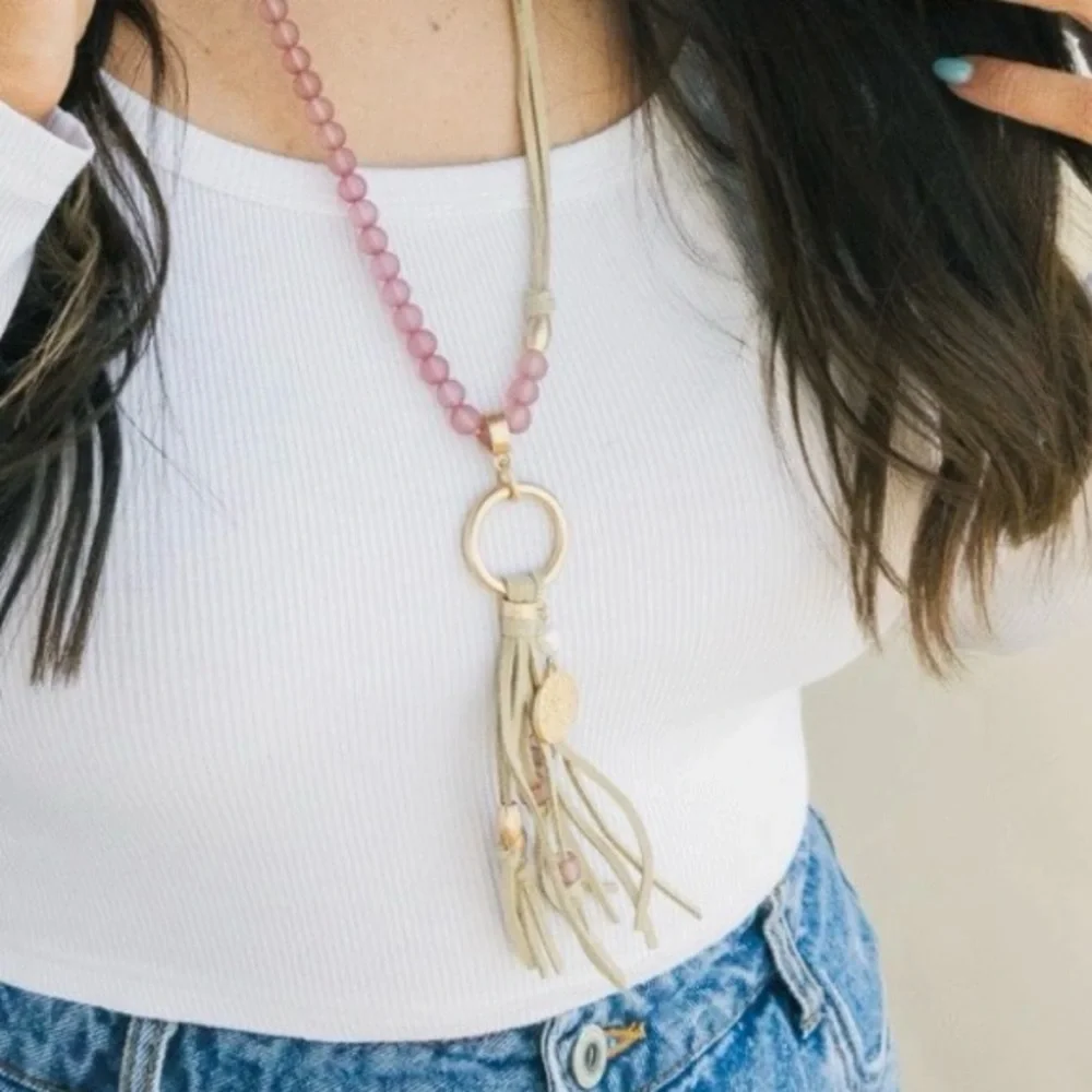 Plunder Design Jewelry Maia Tan Corded Pink Beaded Necklace NWOT - Picture 2 of 3